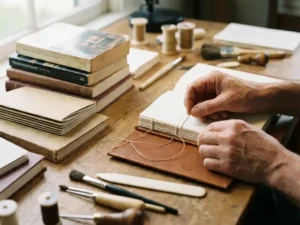 Bookbinder threading needle through book spine on wooden workbench with binding tools and finished books nearby