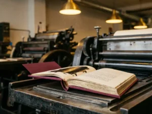 Open hardcover book with burgundy binding on printing press, fresh ink on white pages, industrial machinery in background