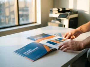 Professional designer's hands adjusting corporate brochure with color swatches and brand guidelines on white desk workspace