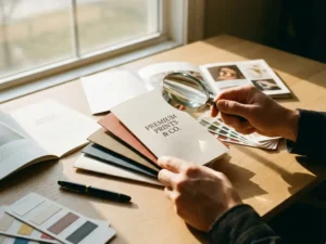 Professional examining premium printed brochures with magnifying glass, showing crisp text and vibrant colors on textured paper