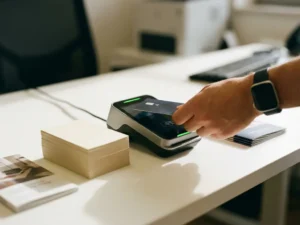 Hand placing contactless payment card on modern card reader next to business cards and brochures on white desk