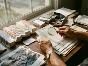 Professional designer examining printed color samples and paper swatches on desk with magnifying glass in natural light.
