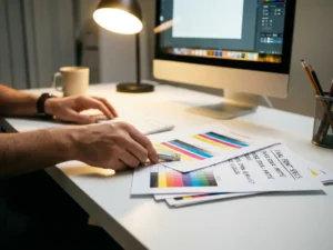 Professional designer placing USB drive next to printed design files with CMYK swatches on white desk, computer monitor in background.