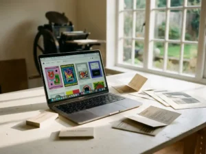 Modern laptop displaying colorful digital print previews on white desk with scattered business cards and brochures
