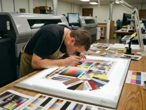 Professional printing press operator examining vibrant color proof sheet with magnifying loupe in modern print shop