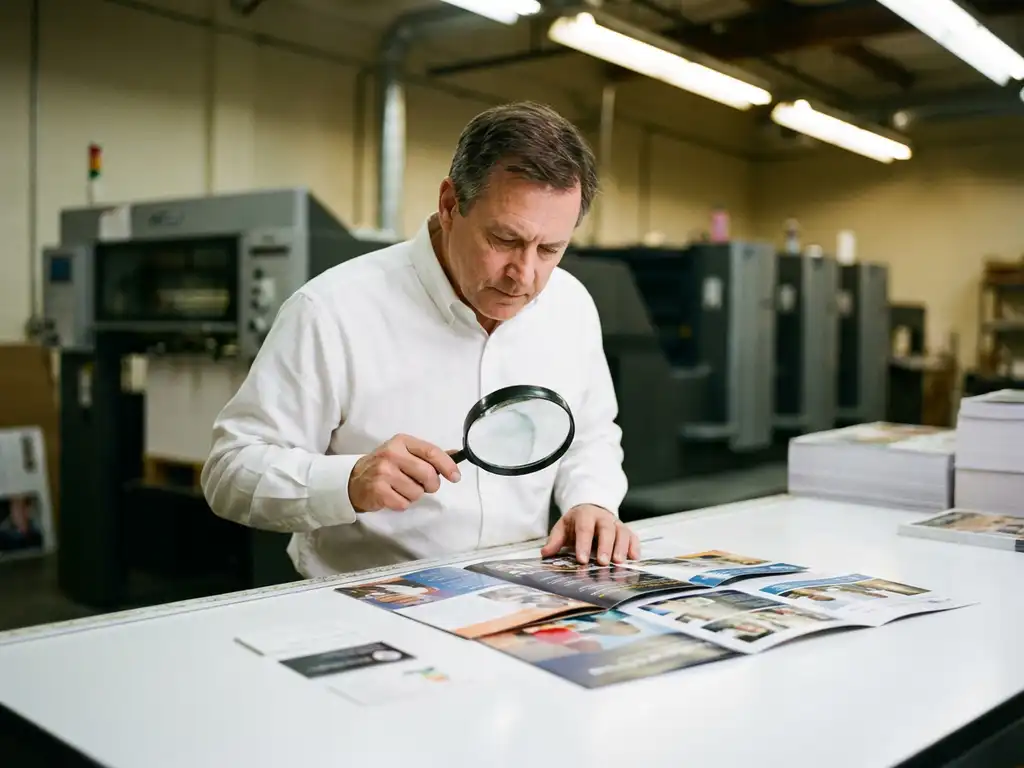 Professional printing press operator inspecting colorful brochures and business cards with magnifying glass at workshop table.