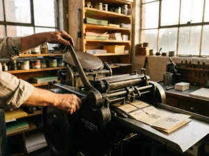 Printer operating vintage offset printing press producing business cards in workshop with warm lighting