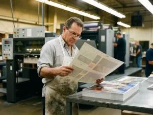 Professional printing press operator examining test print sheet next to commercial printing machinery in industrial facility