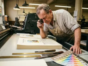 Printer examining printed materials with magnifying glass at professional printing press with color samples and tools