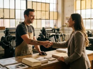 Professional printer in apron shaking hands with business client over wooden counter with printed materials and vintage press