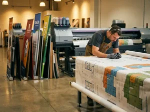 Printing press operator examining large fabric banner with architectural blueprints in modern print shop workspace