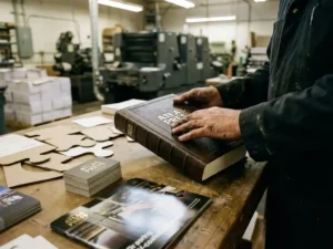 Drukker inspecteert vers gedrukt boek met reliëfdetails, diverse afwerkingsmonsters en foliedrukwerk op werktafel