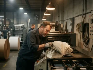 Professional printing press operator examining print quality of freshly printed book pages in commercial printing facility