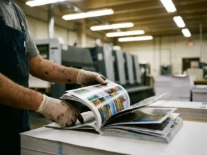 Professional printing press operator examining freshly printed glossy brochures in industrial workshop setting