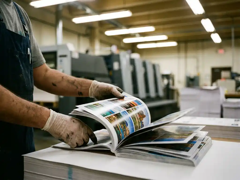Professional printing press operator examining freshly printed glossy brochures in industrial workshop setting