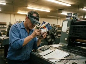 Printing press operator examining colorful printed brochures and business cards with cost estimate sheets on industrial printer