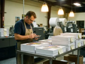 Professional printing press operator examining printed materials while holding calculator, with multiple paper stacks on industrial table.