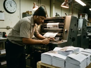 Printing press operator working late at commercial printing machine with papers flowing through rollers and stacks of printed materials