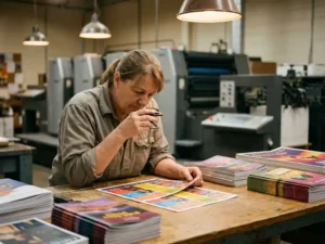 Professional printing press operator examining colorful printed flyers on wooden table with industrial equipment in background.