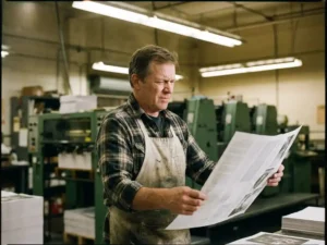 Printing press operator inspecting freshly printed sheet for quality control in industrial workshop setting