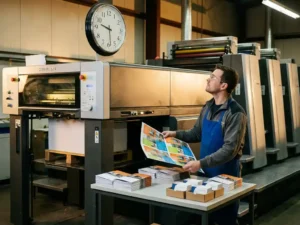 Professional printing press operator checking time while examining colorful brochures from offset printing machine