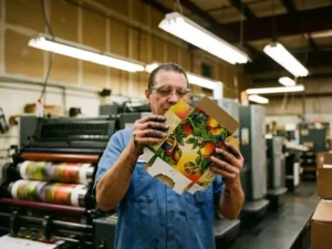 Professional printing press operator examining colorful printed cardboard packaging box in industrial print shop workspace