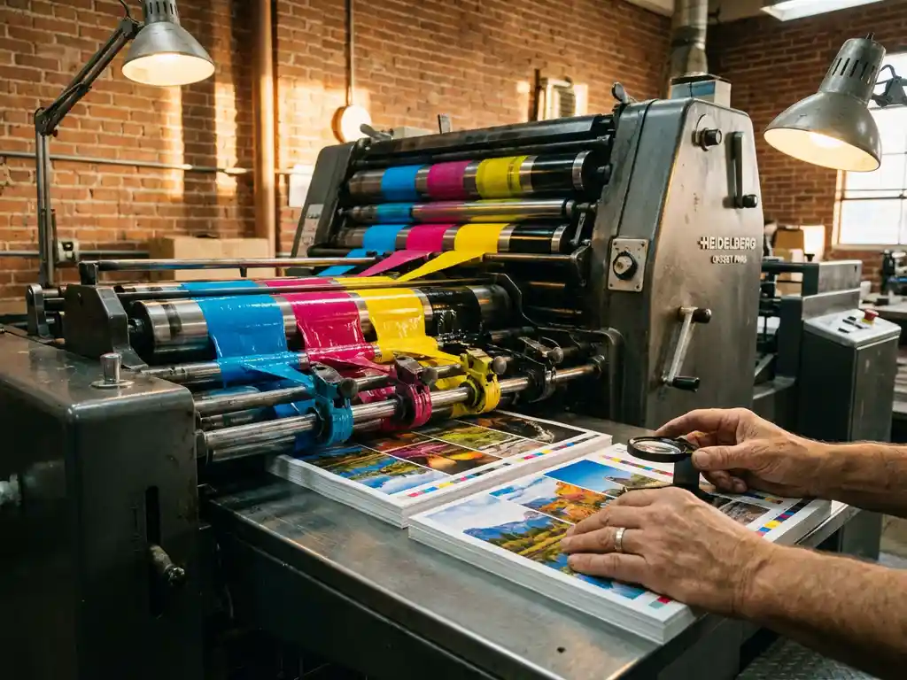 Professional printing press machine operating with colorful inks, worker inspecting freshly printed brochures for quality.