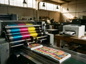 Professional printing press with colorful ink rollers producing high-quality brochures in modern printing facility
