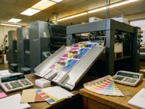 Professional printing press producing colorful brochures and business cards with calculator and paper samples on desk