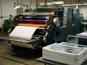 Professional printing press machine operating with vibrant ink rollers applying colors to paper, fresh printed materials stacked in foreground.