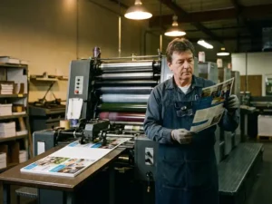 Professional printing press operator inspecting vibrant color brochures from commercial offset printing machine