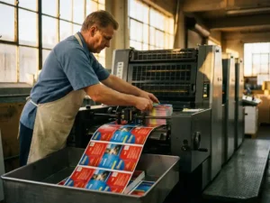 Professional printing press operator feeding colorful direct mail postcards through commercial printing machine in facility