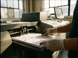 Operator's hands adjusting personalized business cards from digital printer in professional print shop workshop