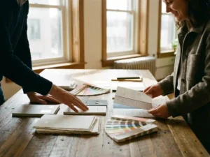 Printing consultant and client reviewing paper samples, color swatches, and brochure mockups on wooden table in bright office