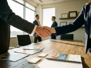 Business owner and printing company representative shaking hands over table with brochures, business cards, and reports