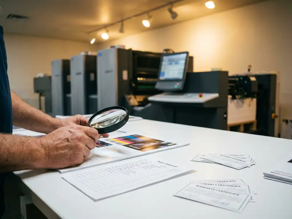 Professional printing press operator examining printed document with magnifying glass at quality control desk