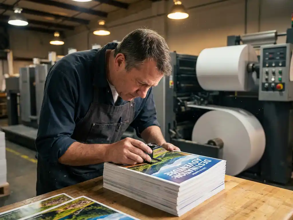 Professional printing press operator examining freshly printed high-quality brochures with vibrant colors in industrial print shop