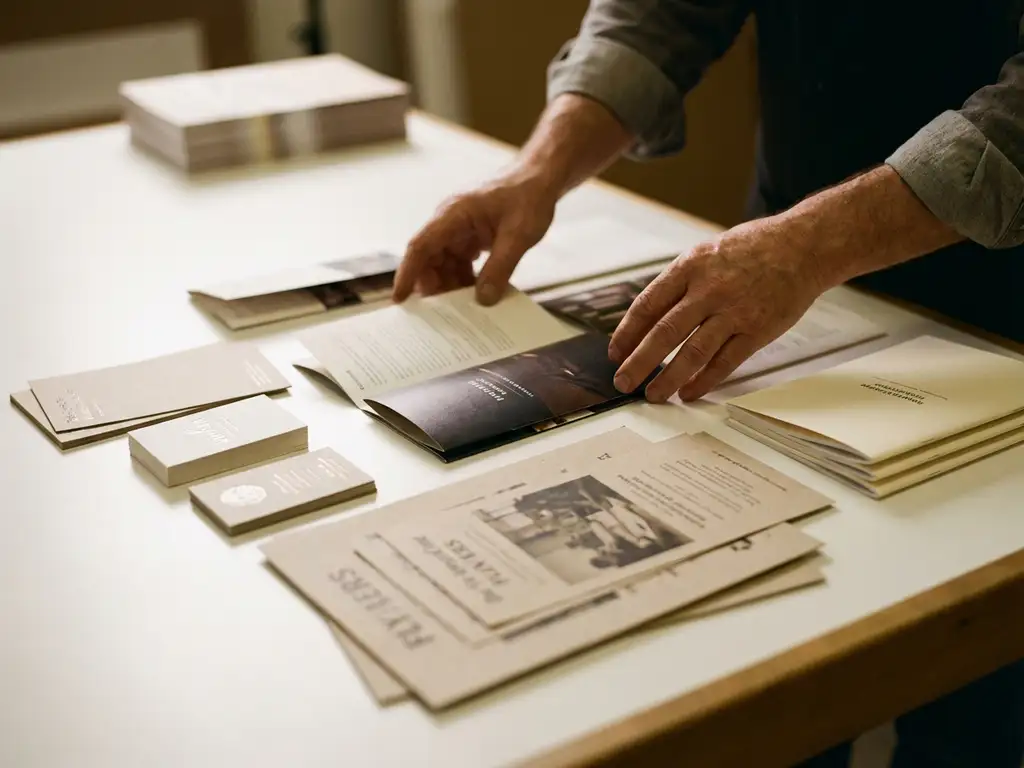 Professional hands arranging printed materials including business cards, brochures and booklets on white table surface