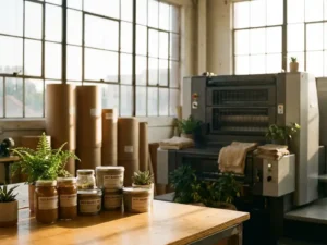 Modern printing press with eco-friendly soy ink bottles, recycled paper rolls, and plants in sunlit sustainable workshop.