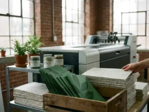Modern printing press producing green brochures on recycled paper with eco-friendly ink and plants in natural daylight
