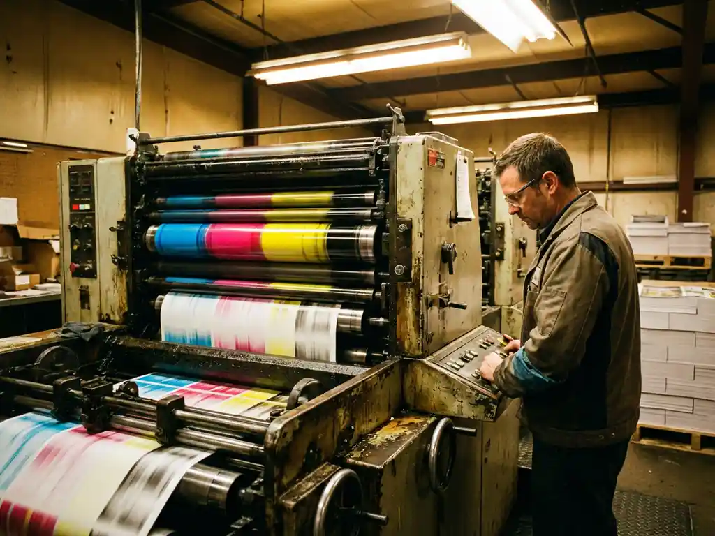 Industrial printing press operator monitoring CMYK ink rollers and paper feed system in professional print shop