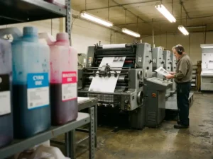 Industrial offset printing press in operation with operator monitoring colorful ink cartridges and paper sheets flowing through rollers.