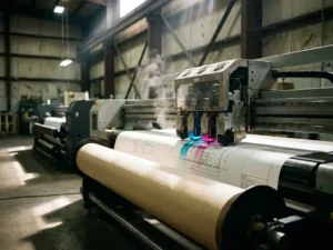 Industriële grootformaat printer produceert architectonische blauwdruk met cyan en magenta inkt in magazijn setting.