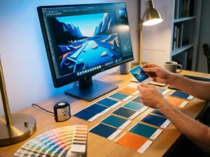 Professional designer's workspace with computer monitor displaying digital artwork, printed color samples on desk, and color calibration tools