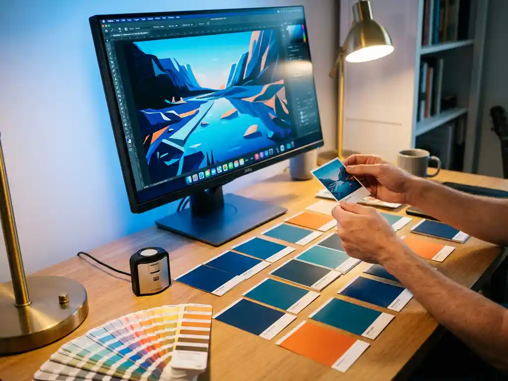 Professional designer's workspace with computer monitor displaying digital artwork, printed color samples on desk, and color calibration tools