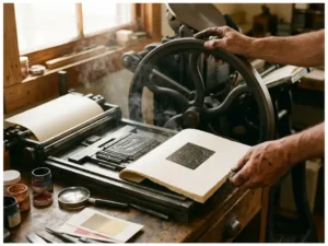 Craftsman operating vintage letterpress printing machine with metal type and fresh ink impressions on paper