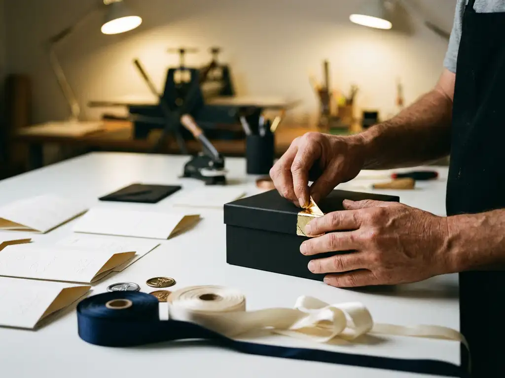 Craftsperson applying gold foil to luxury black gift box with premium packaging materials on white work surface