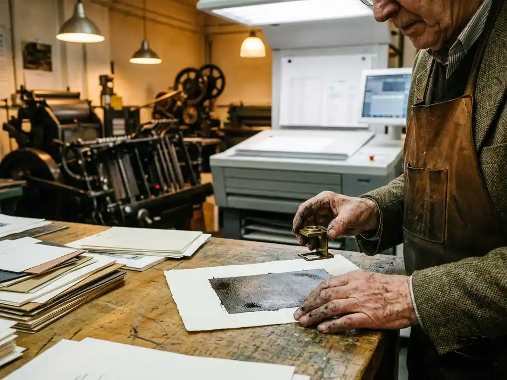 Master printer examining printed sheet with magnifying loupe at workbench surrounded by vintage and modern printing equipment