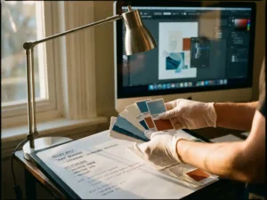 Designer's hands arranging color swatches and paper samples on white desk with computer showing design files in background