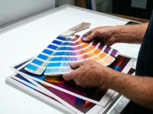 Professional printing press operator examining Pantone color swatch book with vibrant ink samples on white printing table